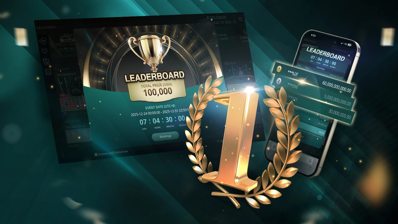 SA Gaming promotion suite showcasing a leaderboard with a gold trophy, ranking positions, and mobile-friendly interface.